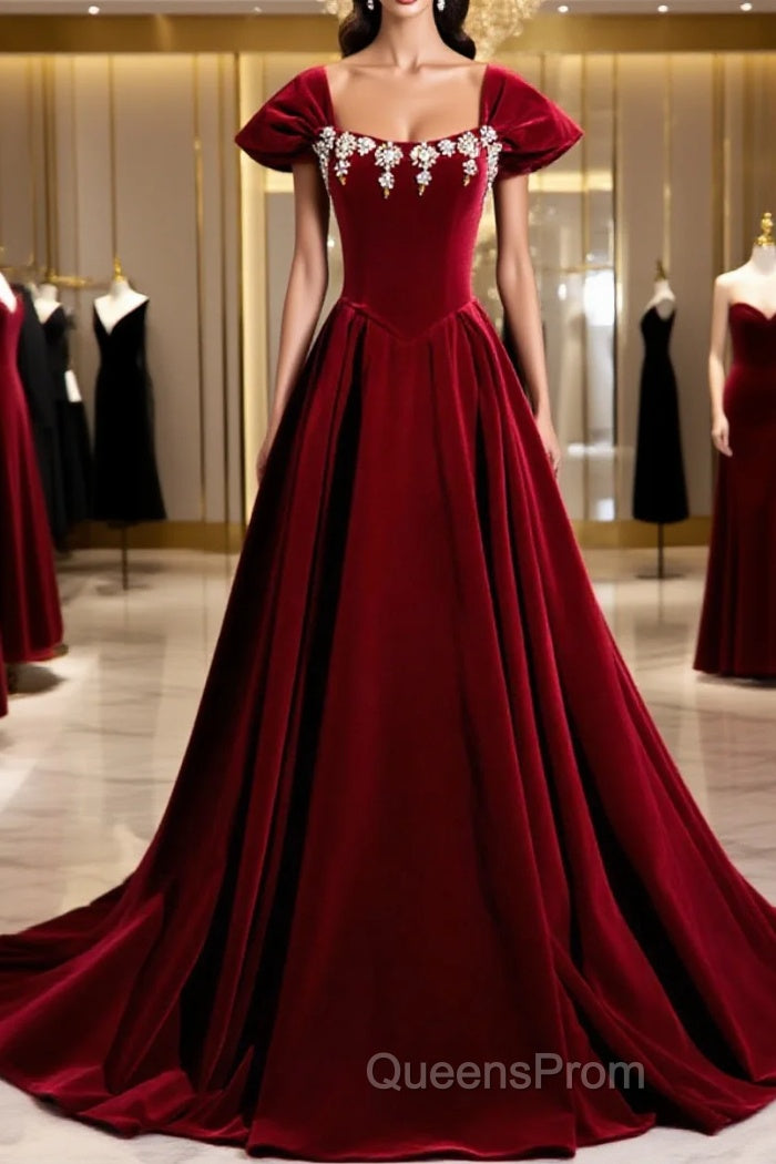 Wine Red Velvet Long Formal Dress With Beadings, Wine Red Evening Prom Dress Main image