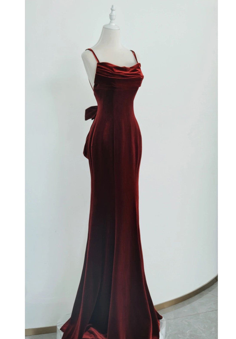 Wine Red Velvet Long Party Dress, Mermaid Open Back Long Classy Prom Dress