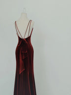 Wine Red Velvet Long Party Dress, Mermaid Open Back Long Classy Prom Dress
