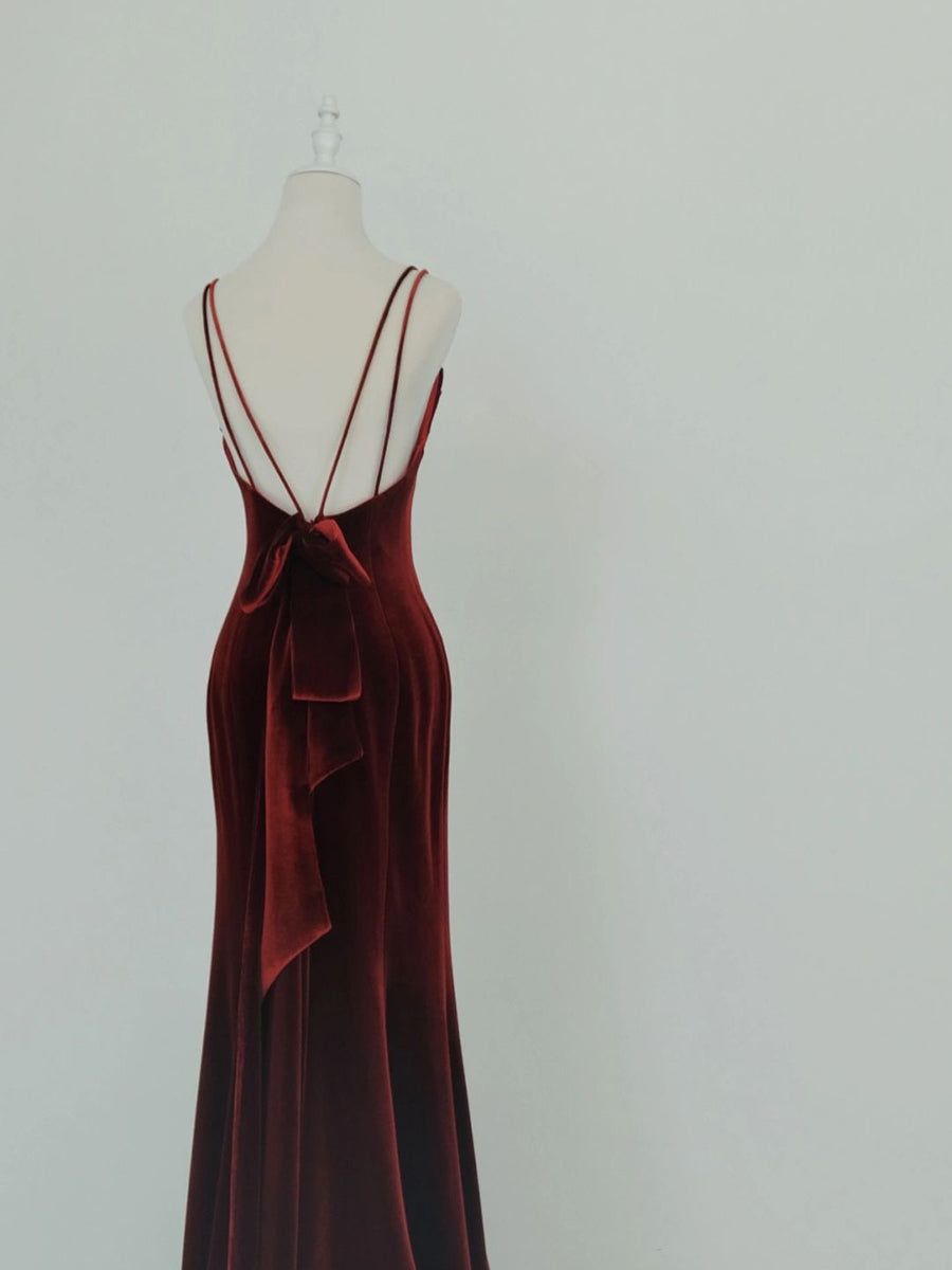 Wine Red Velvet Long Party Dress, Mermaid Open Back Long Classy Prom Dress