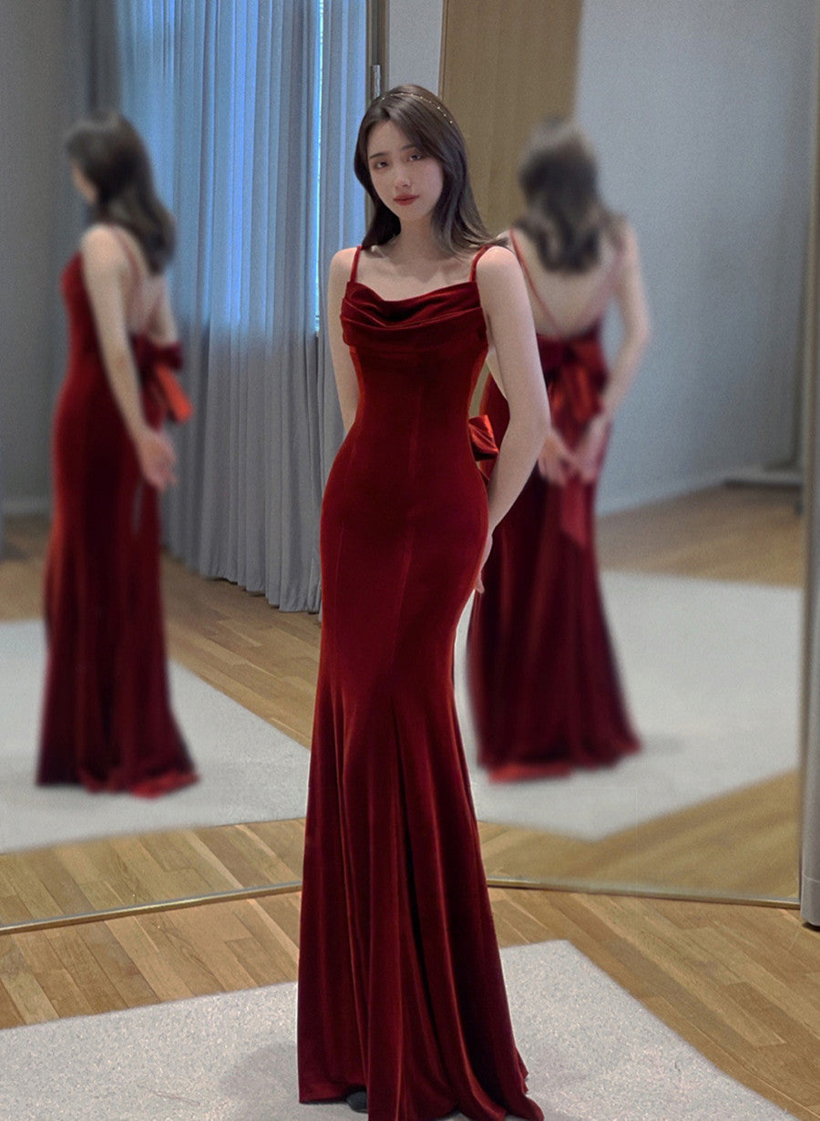 Wine Red Velvet Long Party Dress, Mermaid Open Back Long Classy Prom Dress Main image