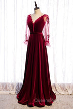 Wine Red Velvet Long Party Dress Evening Prom Dress, A-Line Long Sleeves Formal Dress