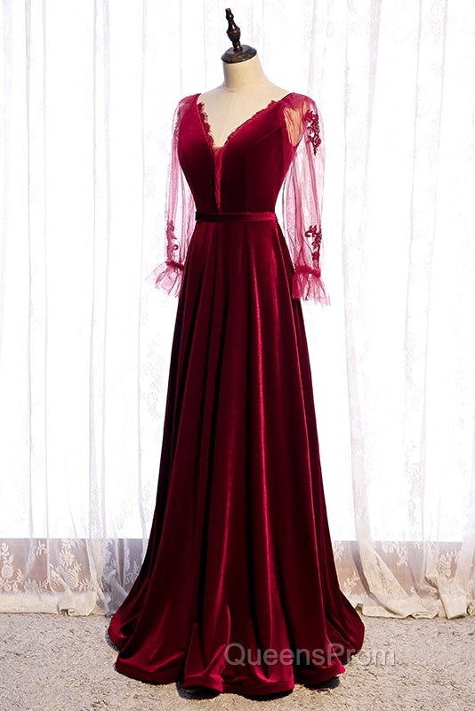 Wine Red Velvet Long Party Dress Evening Prom Dress, A-Line Long Sleeves Formal Dress