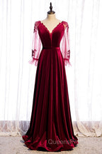 Wine Red Velvet Long Party Dress Evening Prom Dress, A-Line Long Sleeves Formal Dress