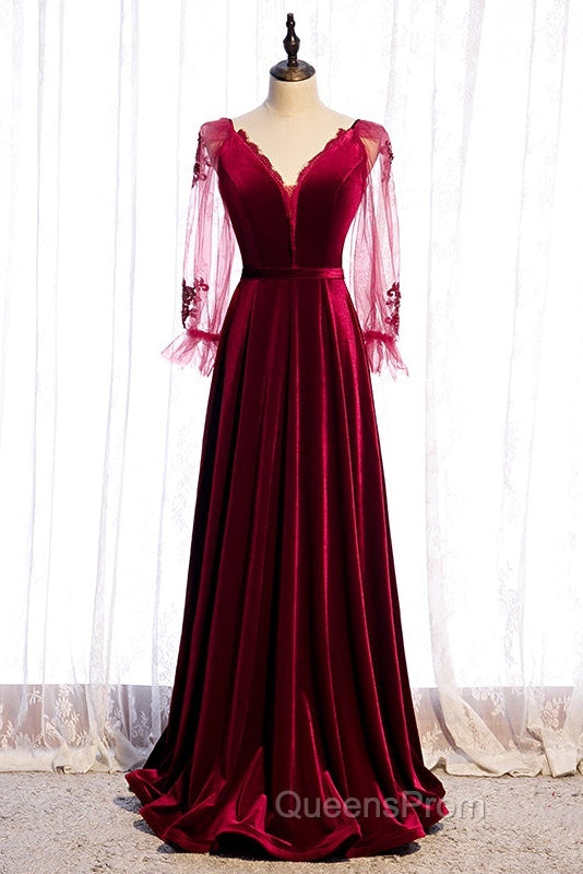 Wine Red Velvet Long Party Dress Evening Prom Dress, A-Line Long Sleeves Formal Dress