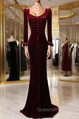 Wine Red Velvet Long Sleeves Mermaid Long Evening Prom Dress, Wine Red Evening Dress