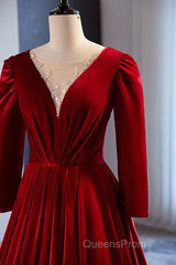 Wine Red Velvet Long Sleeves See Through Evening Prom Dress, Wine Red Wedding Party Dress