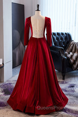 Wine Red Velvet Long Sleeves See Through Evening Prom Dress, Wine Red Wedding Party Dress