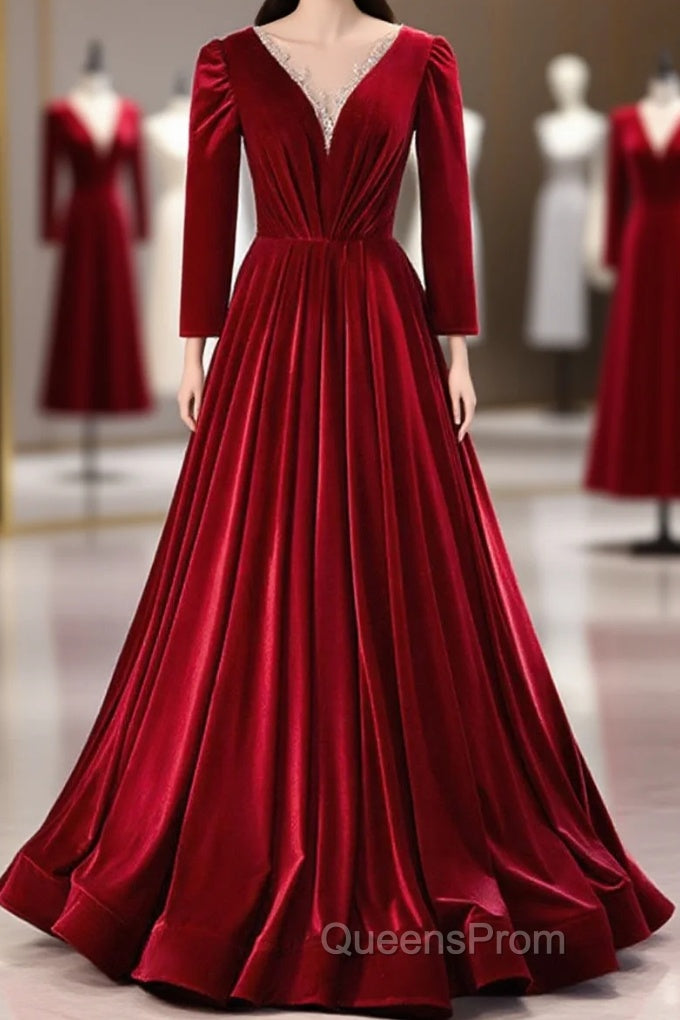 Wine Red Velvet Long Sleeves See Through Evening Prom Dress, Wine Red Wedding Party Dress