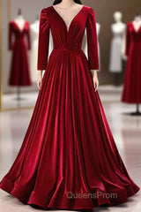 Wine Red Velvet Long Sleeves See Through Evening Prom Dress, Wine Red Wedding Party Dress