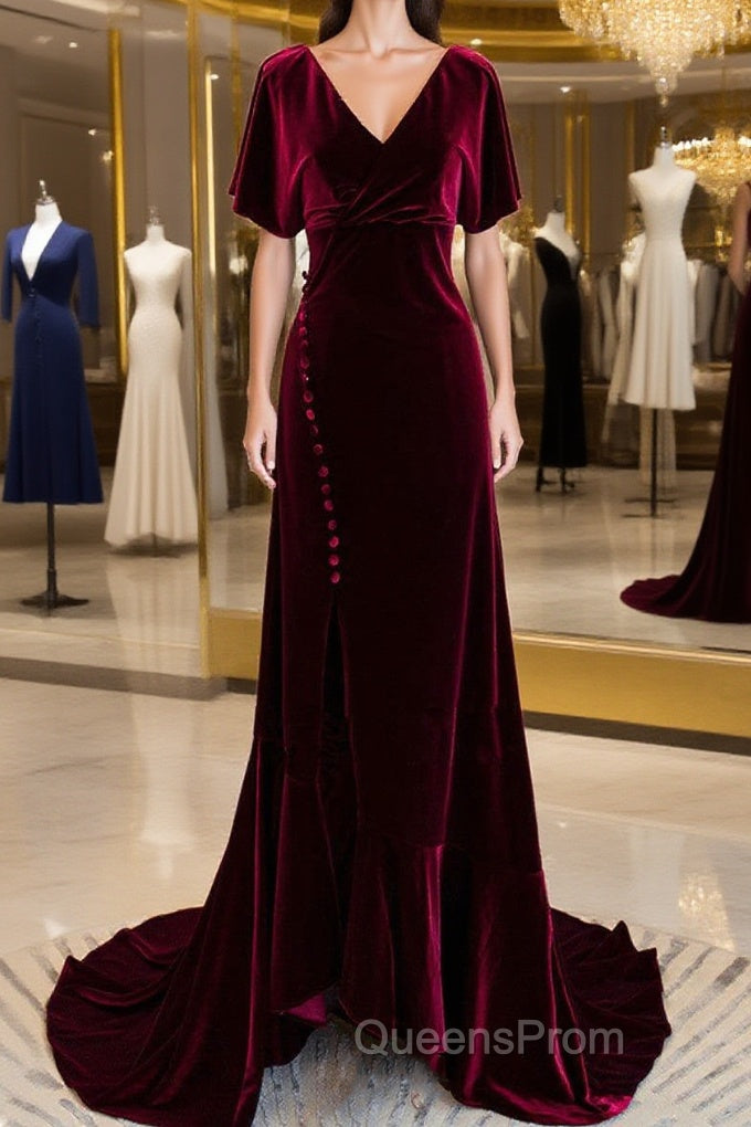 Wine Red Velvet Long Wedding Party Dress With Leg Slit, Wine Red Formal Dress