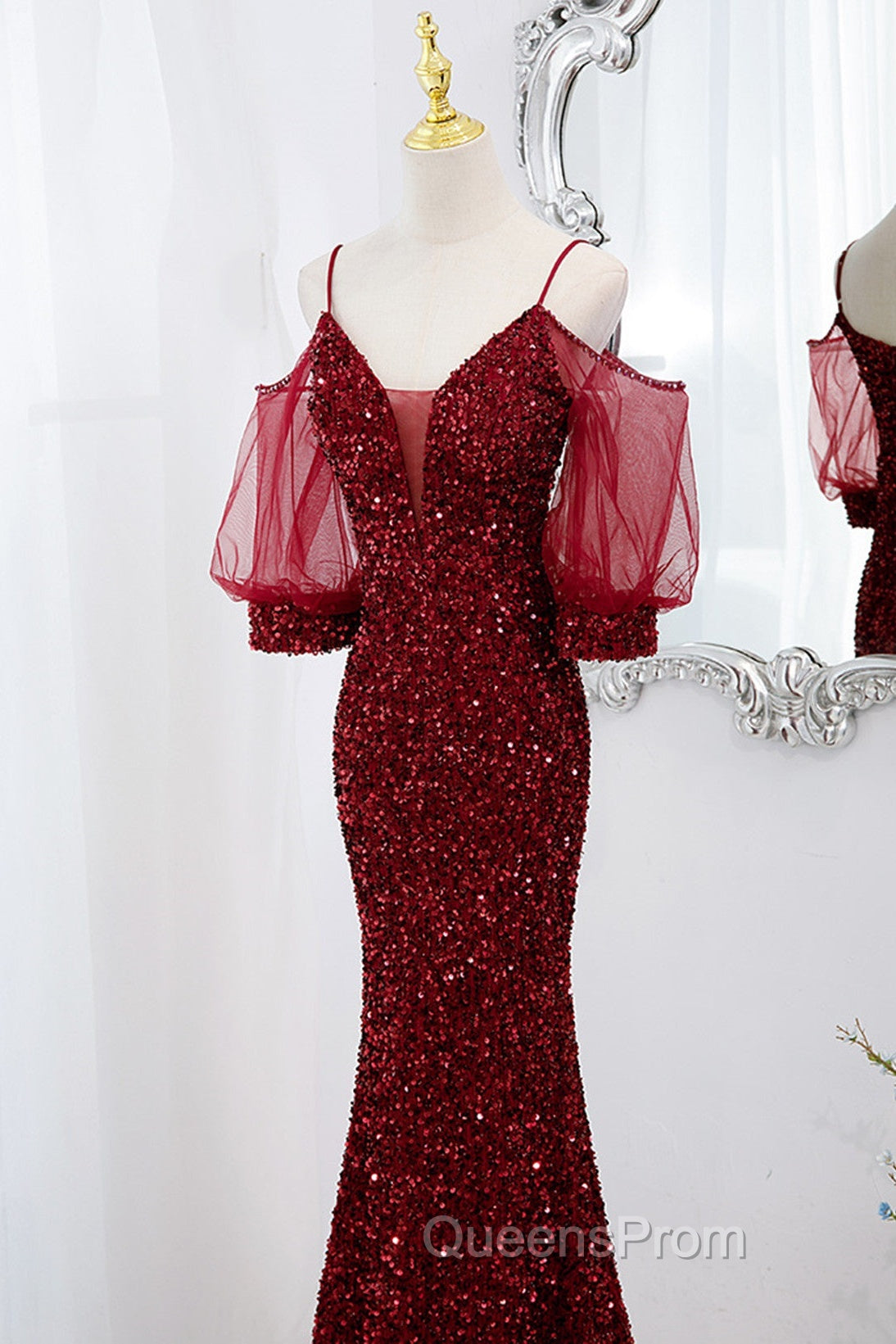 Wine Red Velvet Mermaid Long Party Dress, Wine Red Vekvet Evening Prom Dress Secondary image