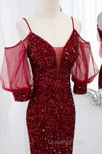 Wine Red Velvet Mermaid Long Party Dress, Wine Red Vekvet Evening Prom Dress