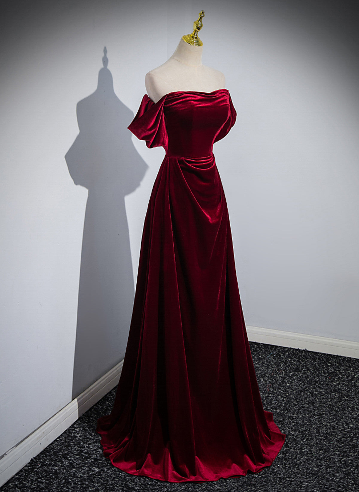 Wine Red Velvet Off Shoulder A-Line Long Party Dress, Wine Red Floor Length Classy Prom Dress