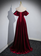 Wine Red Velvet Off Shoulder A-Line Long Party Dress, Wine Red Floor Length Classy Prom Dress