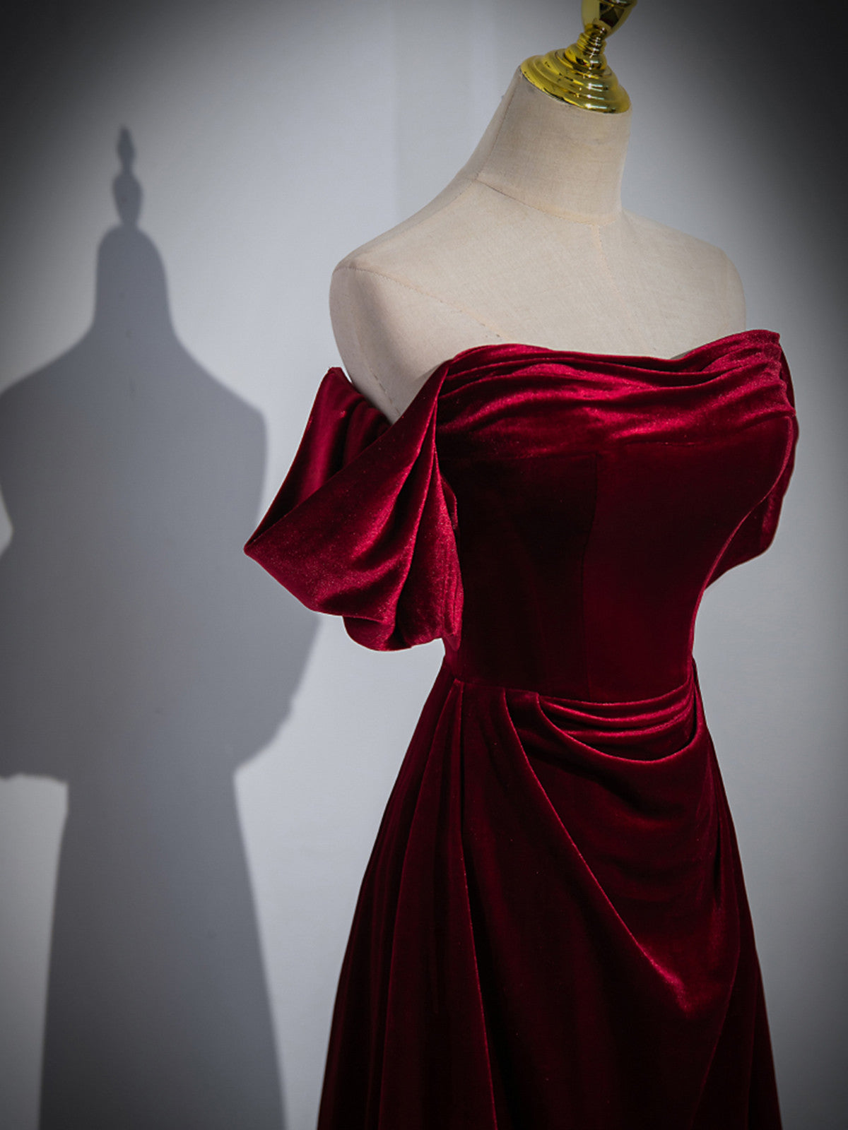 Wine Red Velvet Off Shoulder A-Line Long Party Dress, Wine Red Floor Length Classy Prom Dress