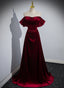 Wine Red Velvet Off Shoulder A-Line Long Party Dress, Wine Red Floor Length Classy Prom Dress