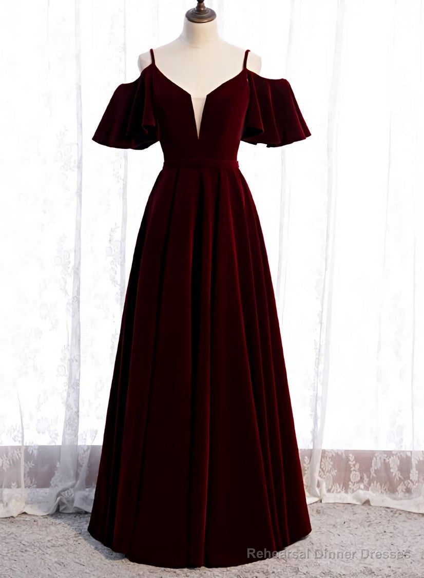 Wine Red Velvet Off Shoulder Floor Length Party Dress, Velvet Junior Prom Dress Secondary image