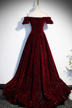 Wine Red Velvet Off Shoulder Long Classy Evening Gown, Wine Red Classy Prom Dress