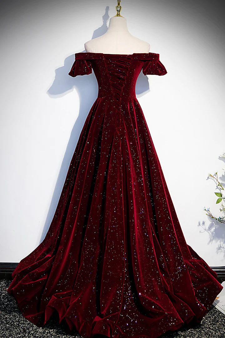 Wine Red Velvet Off Shoulder Long Classy Evening Gown, Wine Red Classy Prom Dress