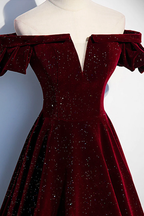 Wine Red Velvet Off Shoulder Long Classy Evening Gown, Wine Red Classy Prom Dress