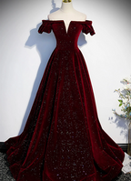 Wine Red Velvet Off Shoulder Long Classy Evening Gown, Wine Red Classy Prom Dress