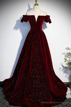 Wine Red Velvet Off Shoulder Long Formal Evening Gown, Wine Red Prom Dresses