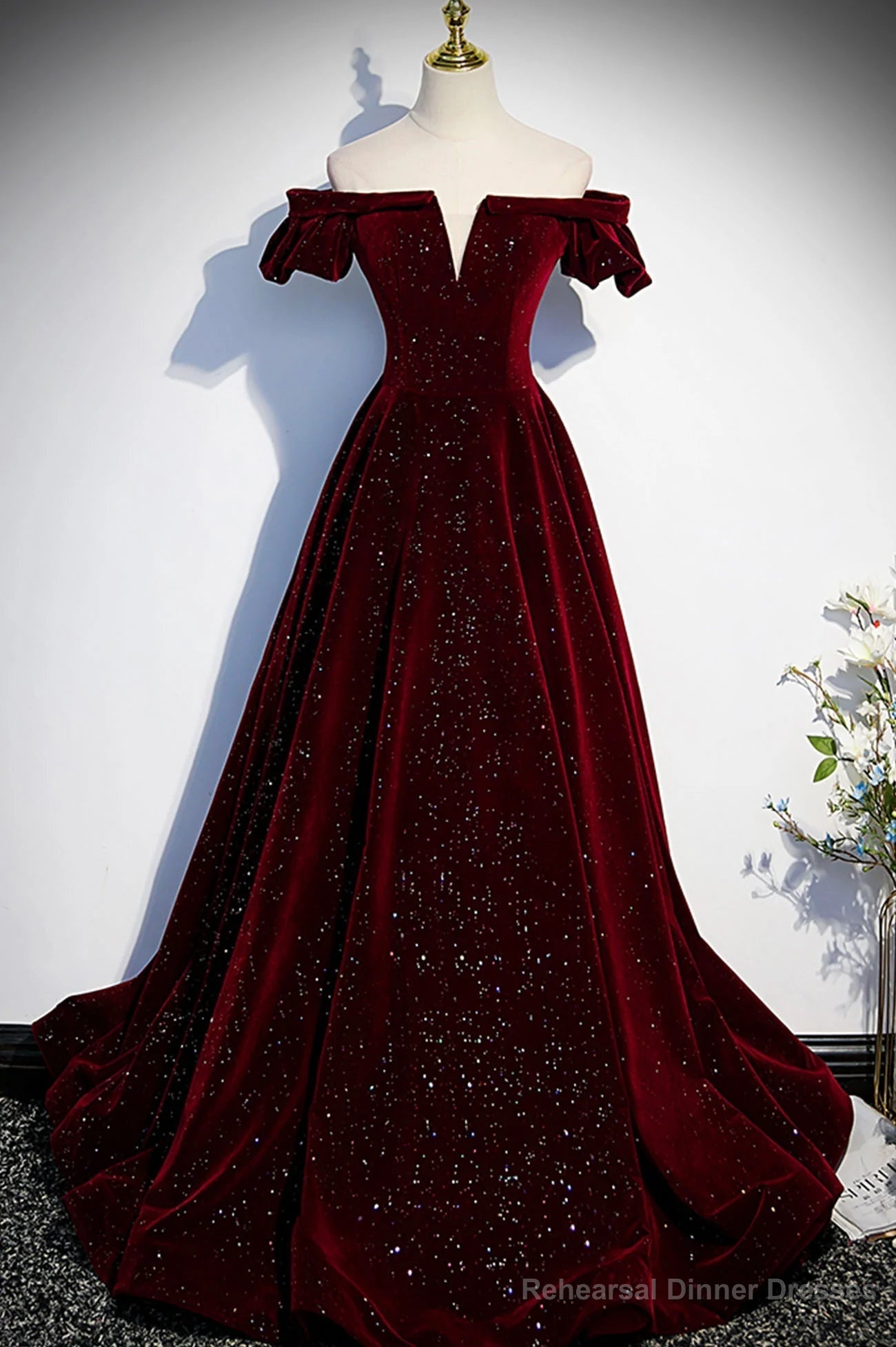 Wine Red Velvet Off Shoulder Long Formal Evening Gown, Wine Red Prom Dresses