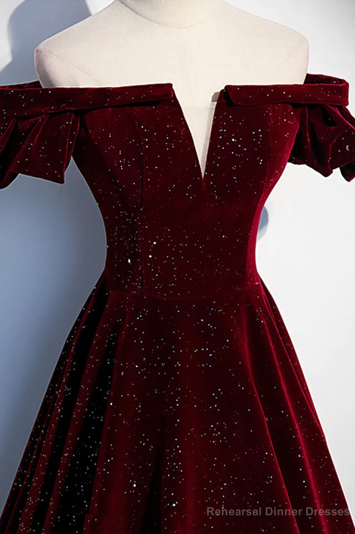 Wine Red Velvet Off Shoulder Long Formal Evening Gown, Wine Red Prom Dresses