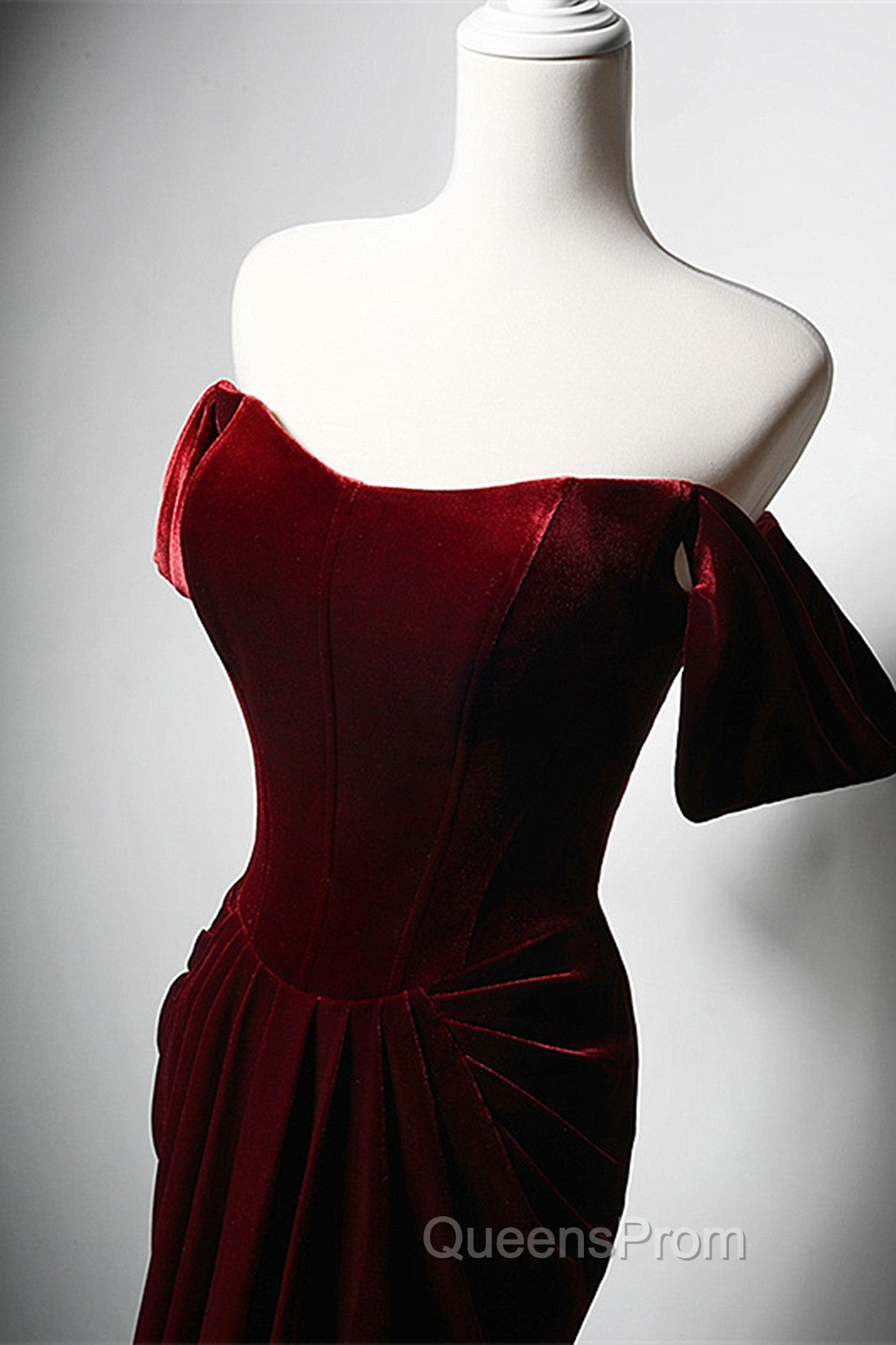 Wine Red Velvet Off Shoulder Long Mermaid Evening Prom Dress, Wine Red Velvet Eveing Dress Secondary image