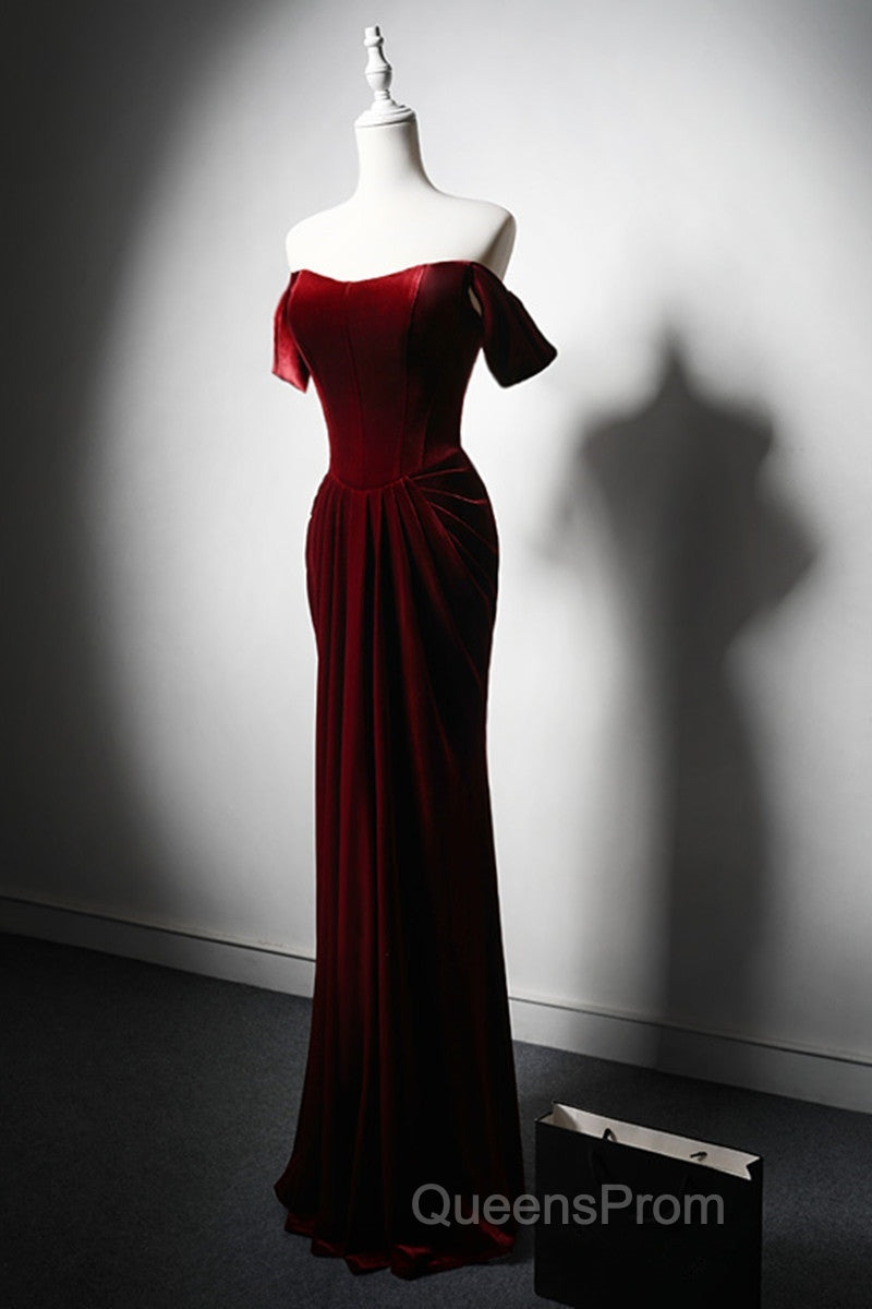 Wine Red Velvet Off Shoulder Long Mermaid Evening Prom Dress, Wine Red Velvet Eveing Dress