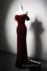Wine Red Velvet Off Shoulder Long Mermaid Evening Prom Dress, Wine Red Velvet Eveing Dress
