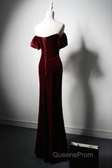 Wine Red Velvet Off Shoulder Long Mermaid Evening Prom Dress, Wine Red Velvet Eveing Dress