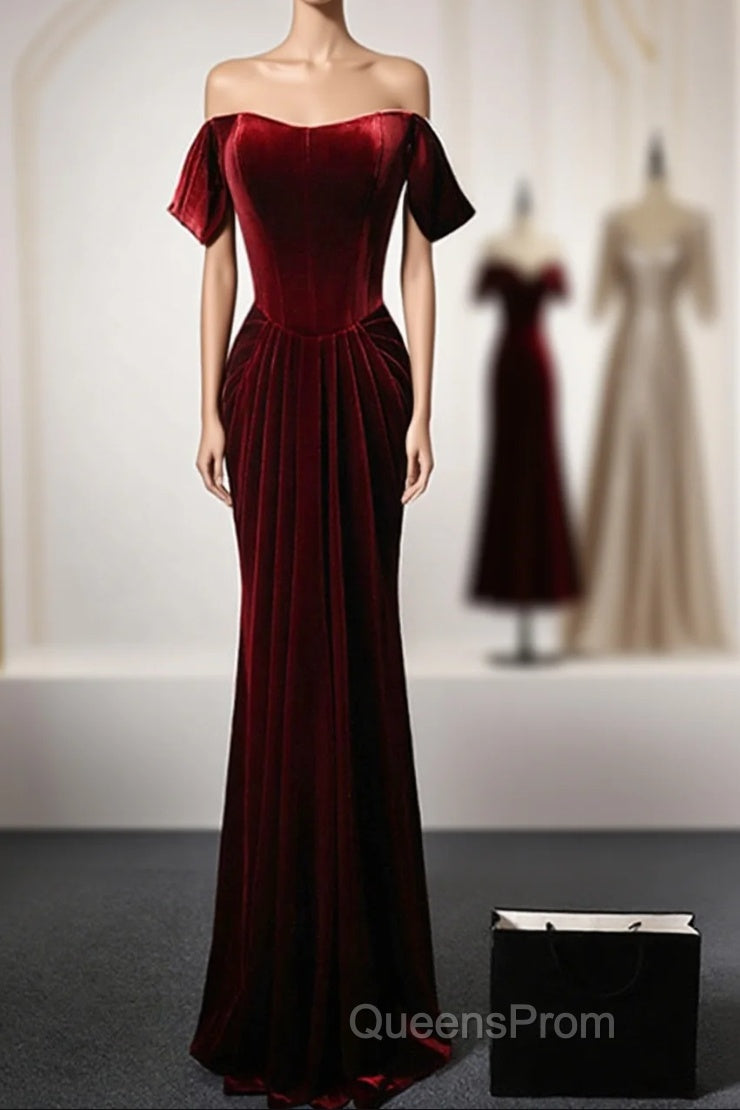 Wine Red Velvet Off Shoulder Long Mermaid Evening Prom Dress, Wine Red Velvet Eveing Dress Main image