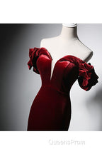 Wine Red Velvet Off Shoulder Mermaid Long Evening Prom Dress, Long Lace-Up Evening Dress