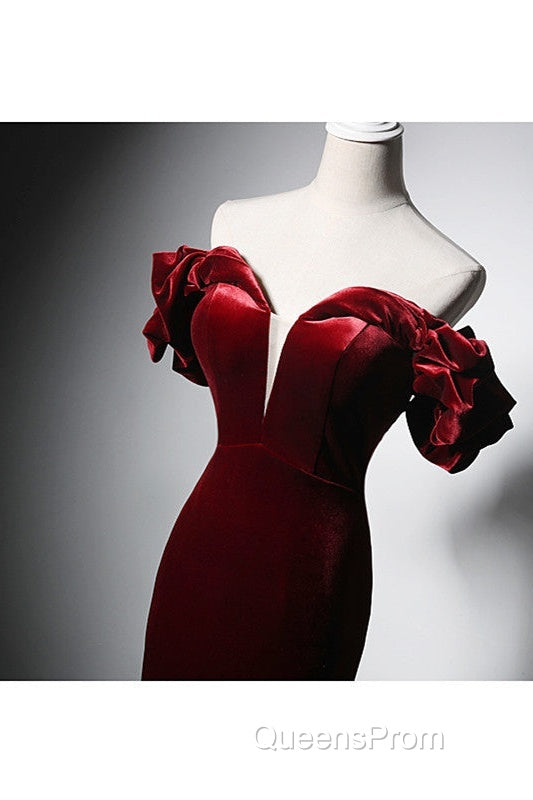 Wine Red Velvet Off Shoulder Mermaid Long Evening Prom Dress, Long Lace-Up Evening Dress