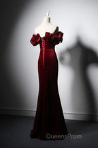 Wine Red Velvet Off Shoulder Mermaid Long Evening Prom Dress, Long Lace-Up Evening Dress