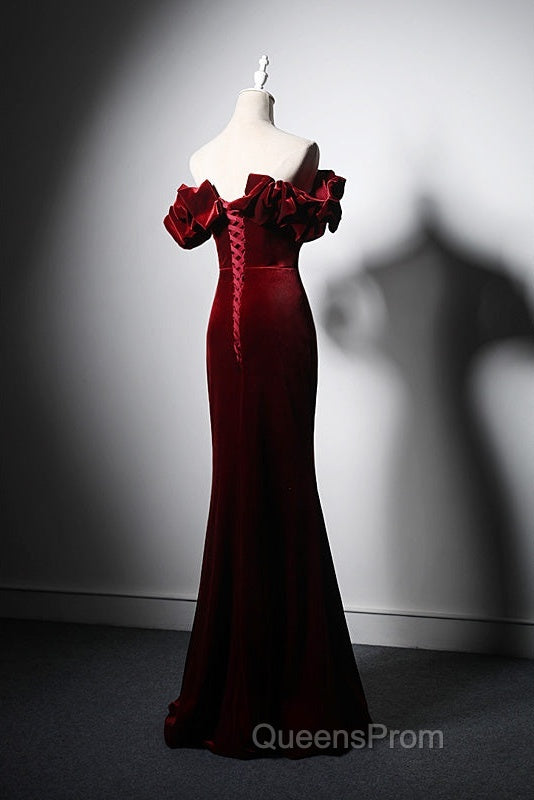 Wine Red Velvet Off Shoulder Mermaid Long Evening Prom Dress, Long Lace-Up Evening Dress