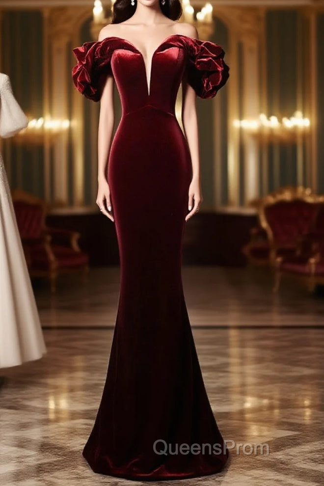 Wine Red Velvet Off Shoulder Mermaid Long Evening Prom Dress, Long Lace-Up Evening Dress Main image
