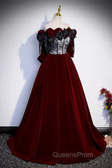 Wine Red Velvet Off Shoulder Party Dress With Bow, Wine Red Velvet Long Evening Prom Dress
