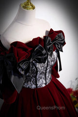 Wine Red Velvet Off Shoulder Party Dress With Bow, Wine Red Velvet Long Evening Prom Dress