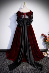 Wine Red Velvet Off Shoulder Party Dress With Bow, Wine Red Velvet Long Evening Prom Dress