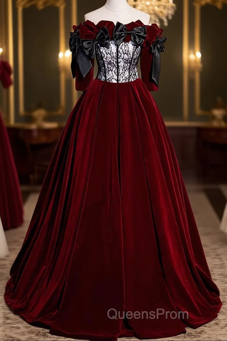 Wine Red Velvet Off Shoulder Party Dress With Bow, Wine Red Velvet Long Evening Prom Dress Main image