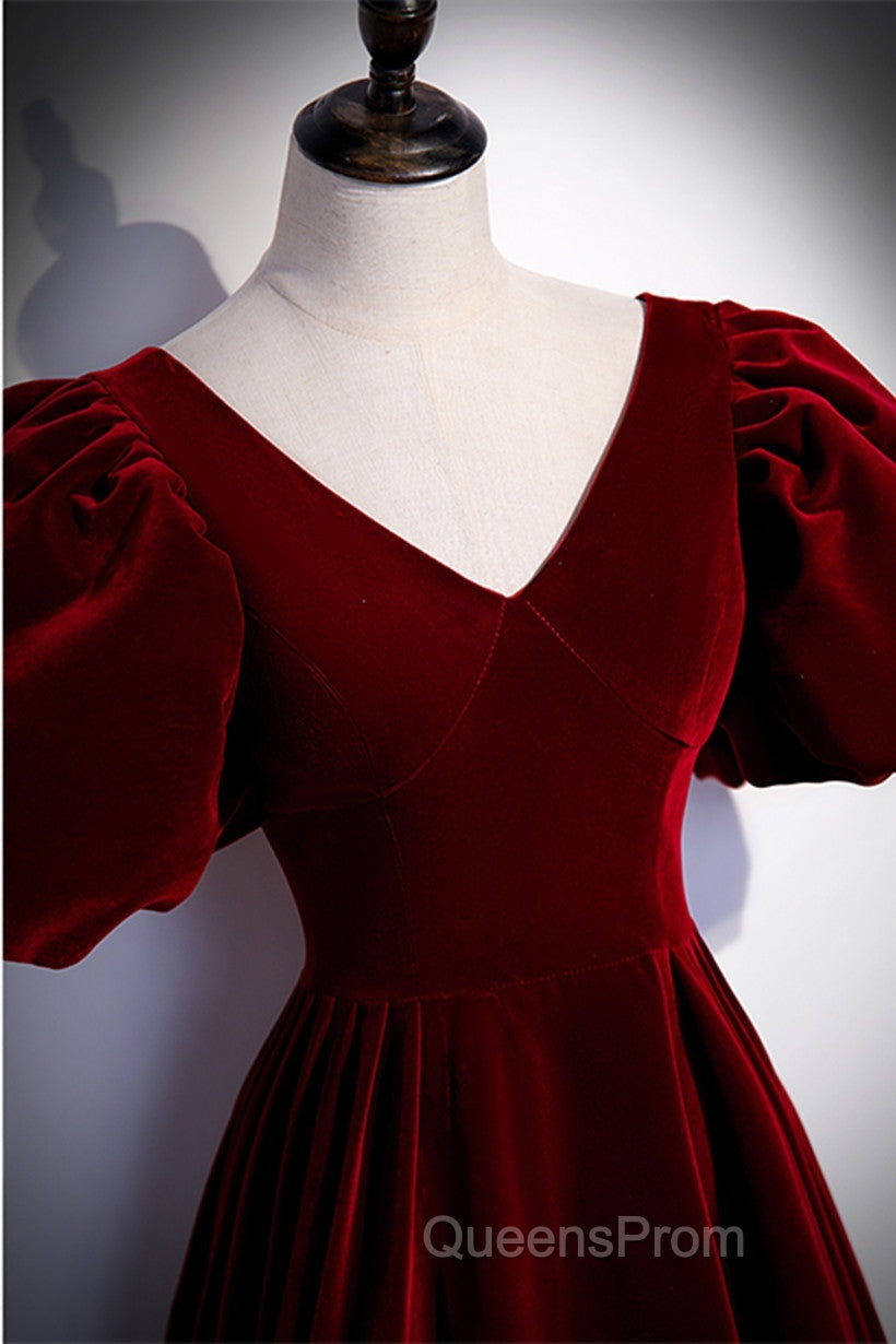 Wine Red Velvet Puffy Short Sleeves Party Dress, Velvet Long Bridesmaid Dress Secondary image