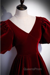 Wine Red Velvet Puffy Short Sleeves Party Dress, Velvet Long Bridesmaid Dress