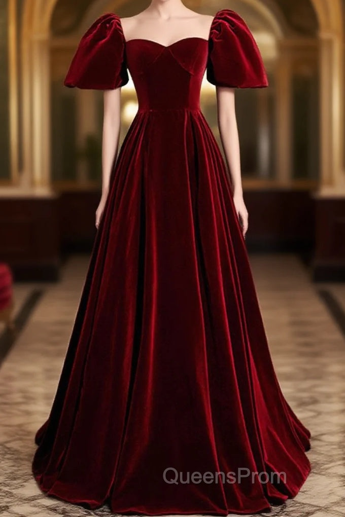 Wine Red Velvet Puffy Short Sleeves Party Dress, Velvet Long Bridesmaid Dress Main image