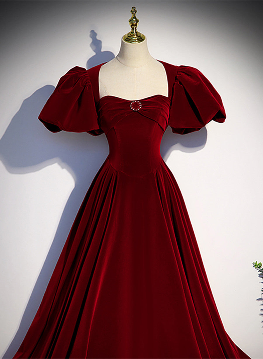 Wine Red Velvet Puffy Sleeves Long Party Dress, Wine Red Long Classy Prom Dress