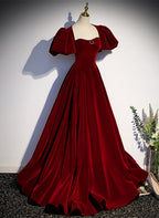 Wine Red Velvet Puffy Sleeves Long Party Dress, Wine Red Long Classy Prom Dress