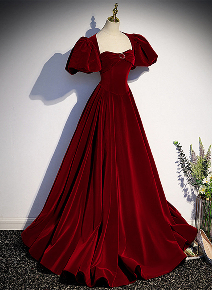 Wine Red Velvet Puffy Sleeves Long Party Dress, Wine Red Long Classy Prom Dress