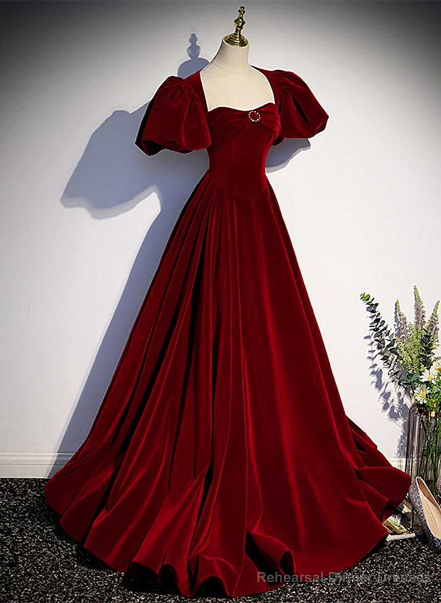 Wine Red Velvet Puffy Sleeves Long Party Dress, Wine Red Long Prom Dress Main image